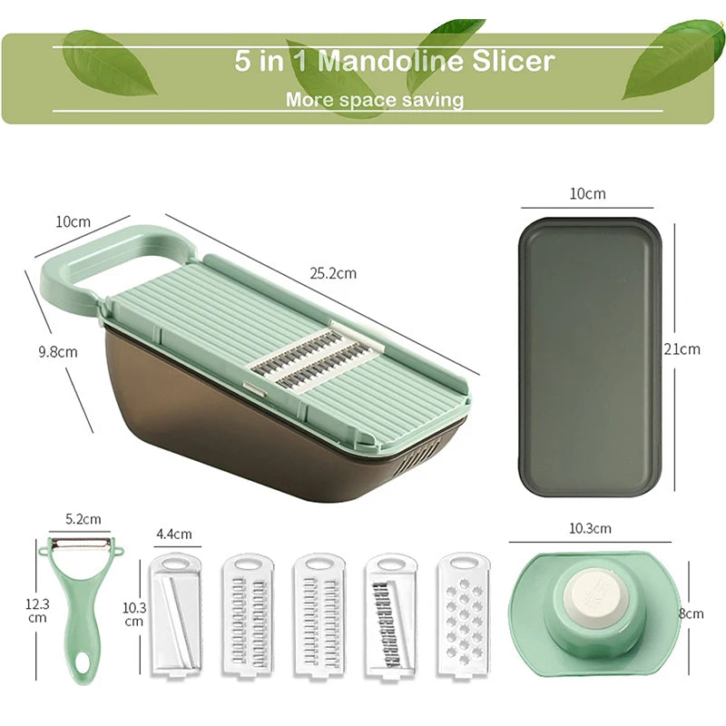 5-in-1 Vegetable Chopper with Drain Basket – Multifunctional Slicer, Grater & Dicer