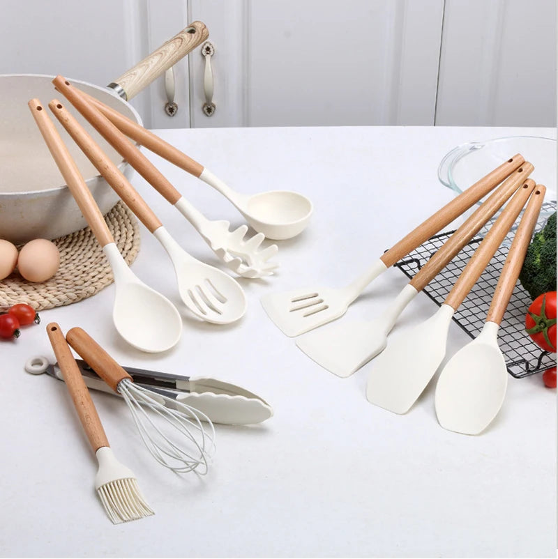 Silicone Kitchen Utensil Set with Wooden Handle – Non-Stick and Heat Resistant