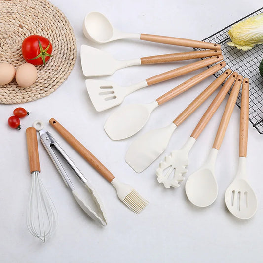 Silicone Kitchen Utensil Set with Wooden Handle – Non-Stick and Heat Resistant
