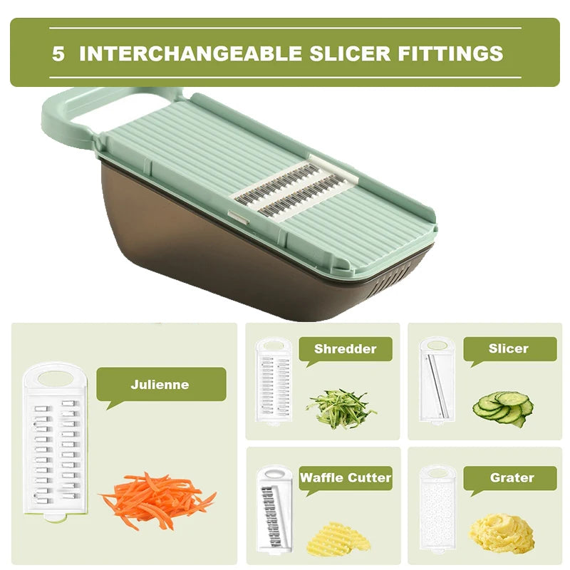 5-in-1 Vegetable Chopper with Drain Basket – Multifunctional Slicer, Grater & Dicer